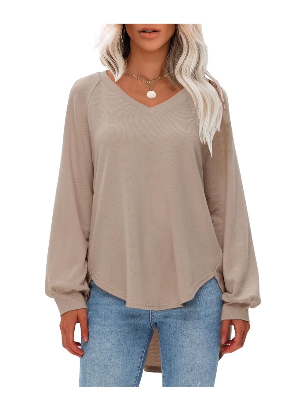 V-Neck Long Sleeve Pullover Top in Beige